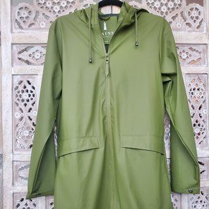 RAINS green long waterproof jacket, XXS/XS
